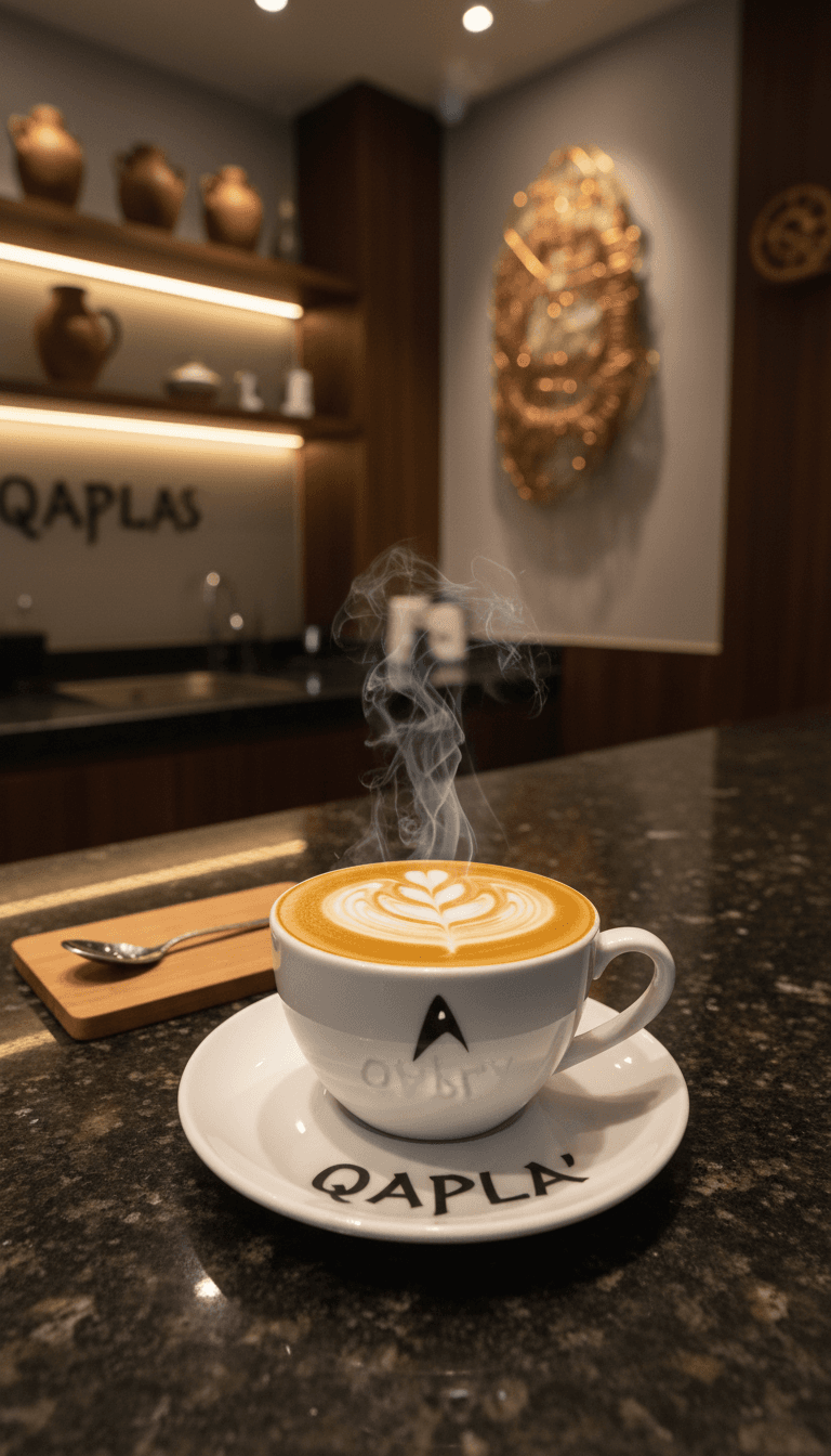 Specialty coffee with latte art on a modern café counter at Qapla's