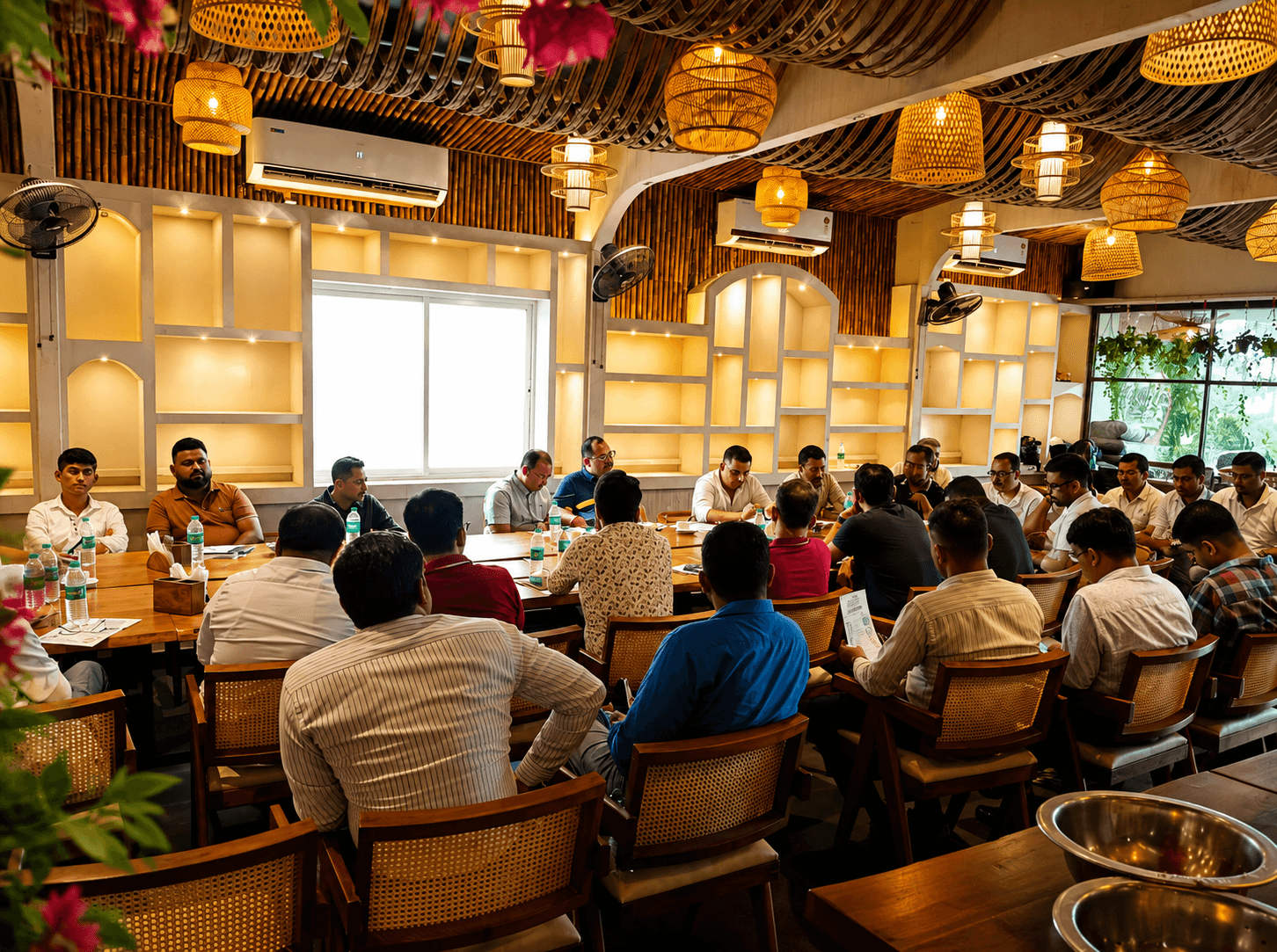 Men gather for a meeting at a long table in a rustic, bamboo-decorated room.