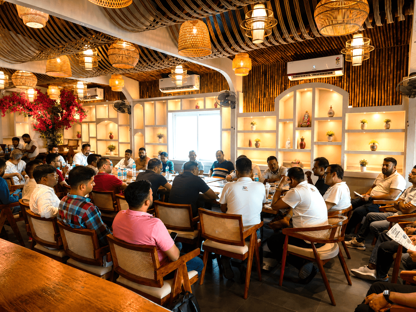 Men sitting around a long table in a restaurant with warm, decorative bamboo lighting.