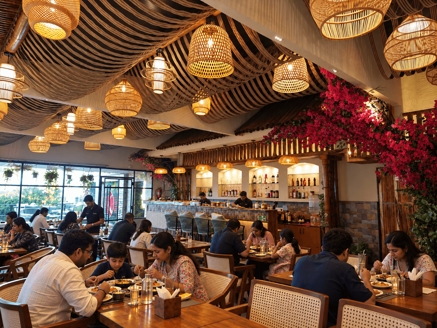 People dining in a restaurant featuring woven pendant lights and a draped rope ceiling.