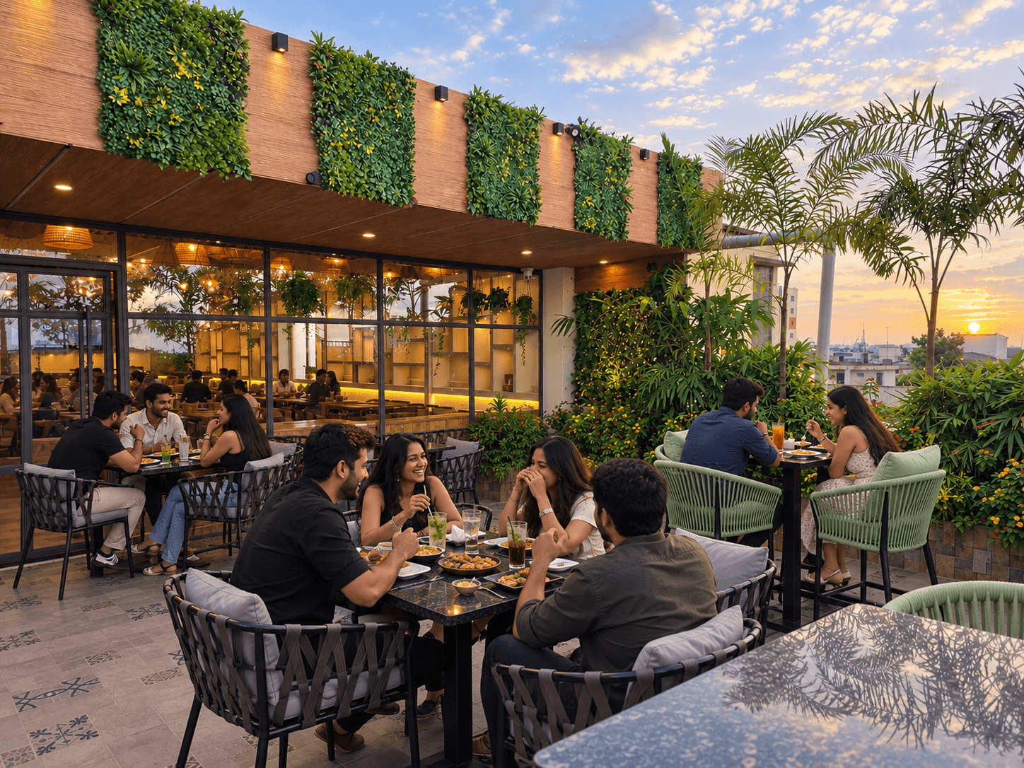 Friends dining and socializing on a lush rooftop terrace during a beautiful golden sunset.