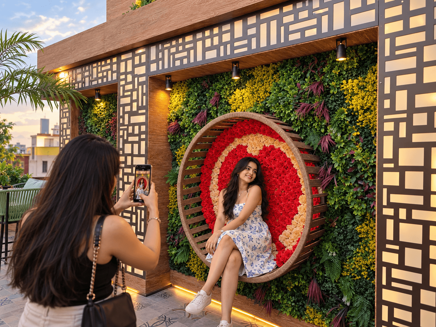 Woman photographing a friend sitting in a circular rose frame against a lush green wall.