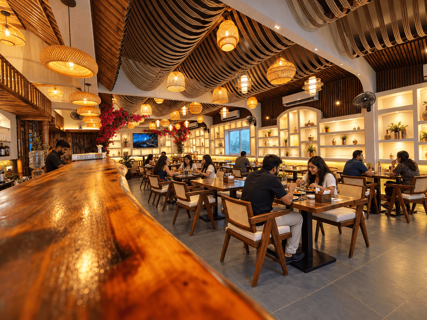 Modern restaurant interior with a large wooden bar, rope-draped ceiling, and patrons dining at tables.