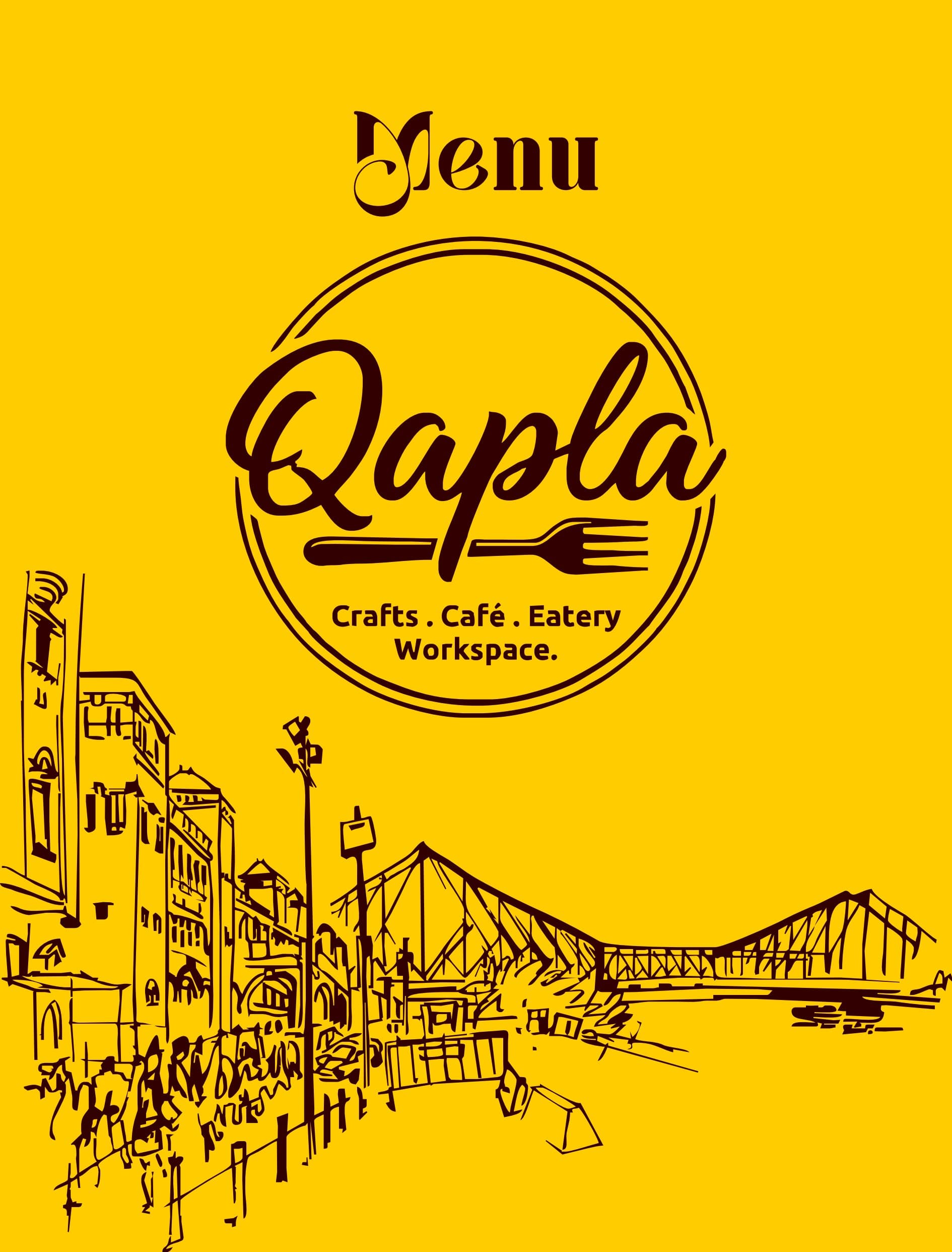 Yellow menu cover for Qapla Crafts, Café, Eatery, and Workspace with a city sketch.