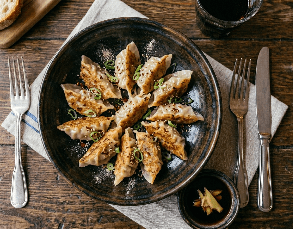 Golden pan-fried dumplings arranged in a circle, garnished with scallions in a dark bowl.