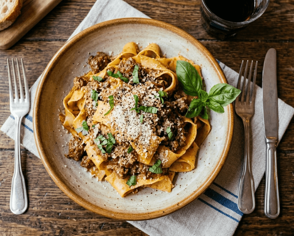 Pappardelle pasta with meat ragu, parmesan cheese, and fresh basil in a ceramic bowl.