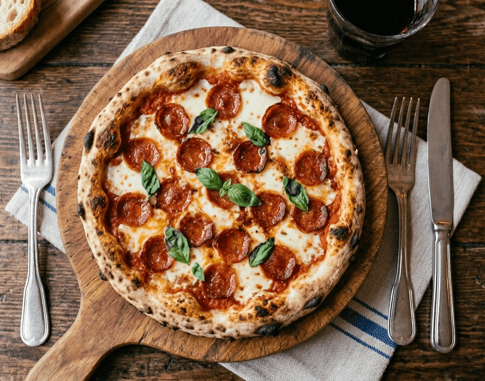 Pepperoni pizza with fresh basil and charred crust on a wooden board with silver cutlery.