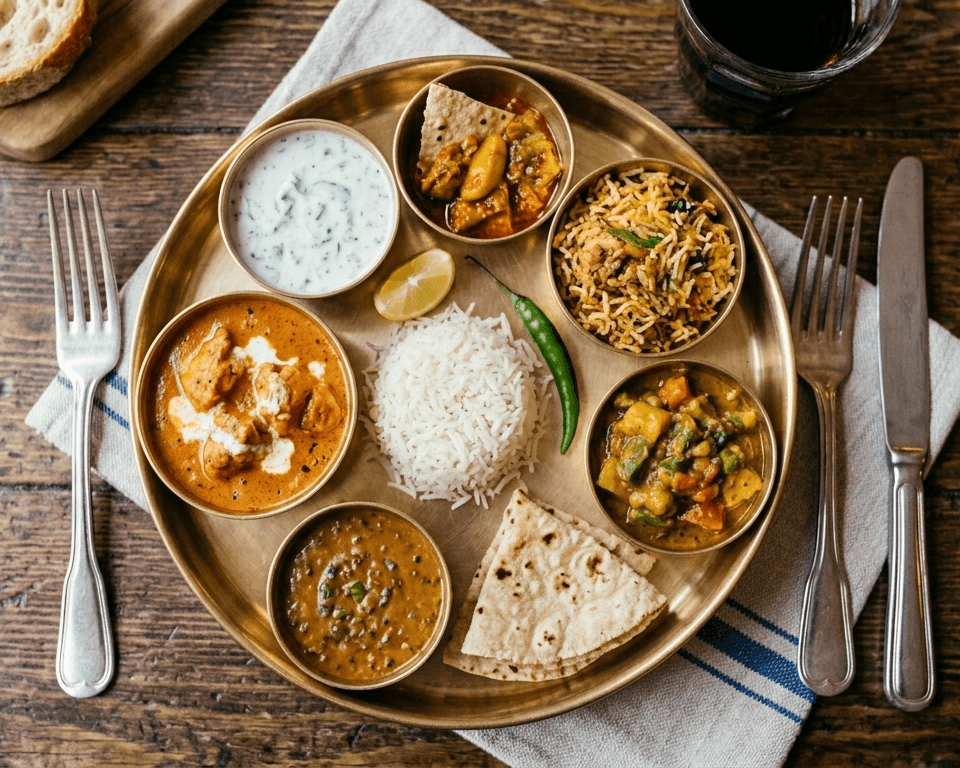 Traditional Indian thali with assorted curries, rice, and flatbread on a round brass plate.